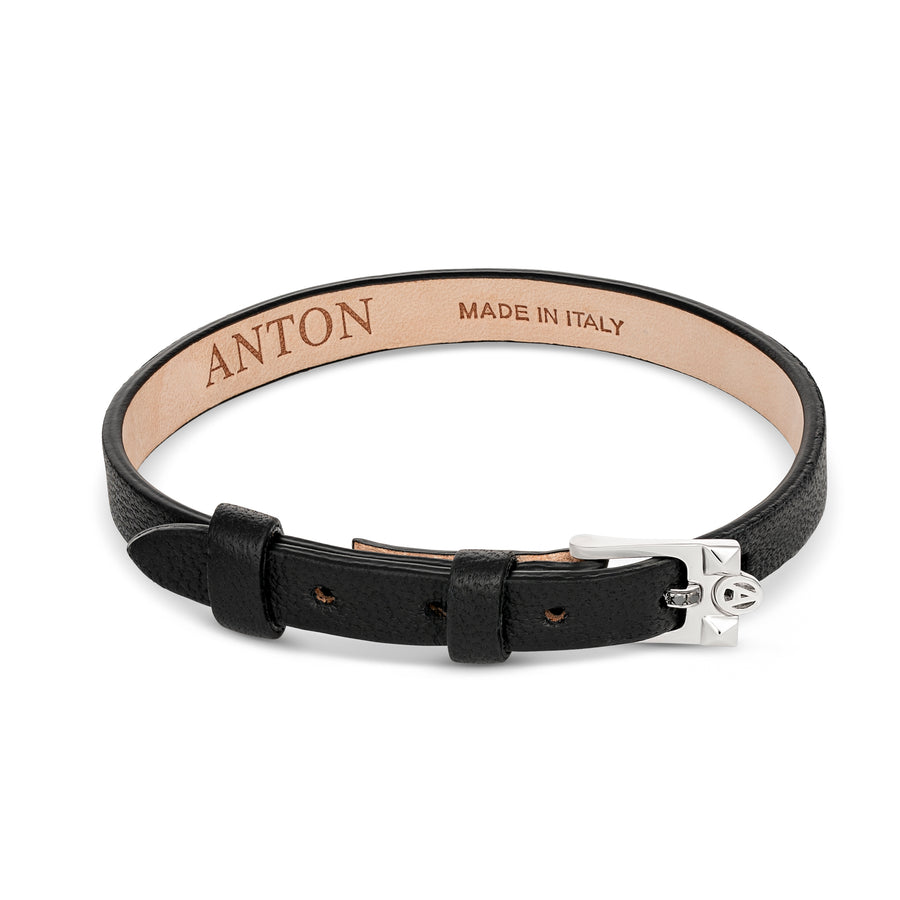 Leather Single Loop Bracelet with Diamond Buckle | White Gold