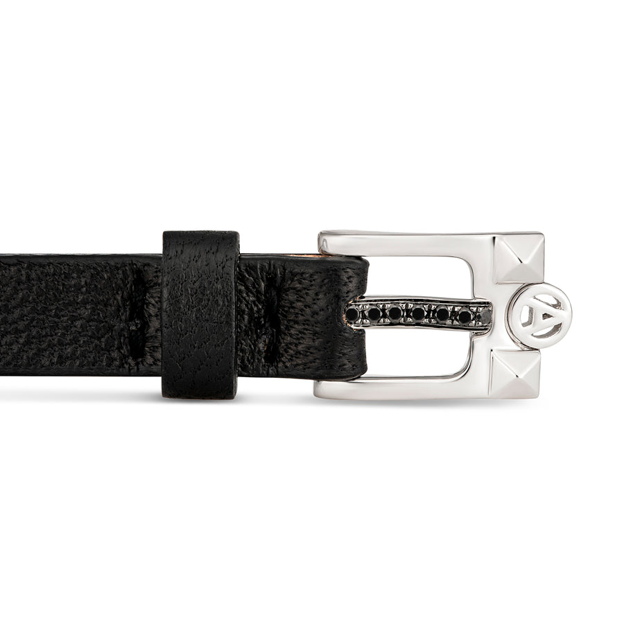 Leather Single Loop Bracelet with Diamond Buckle | White Gold
