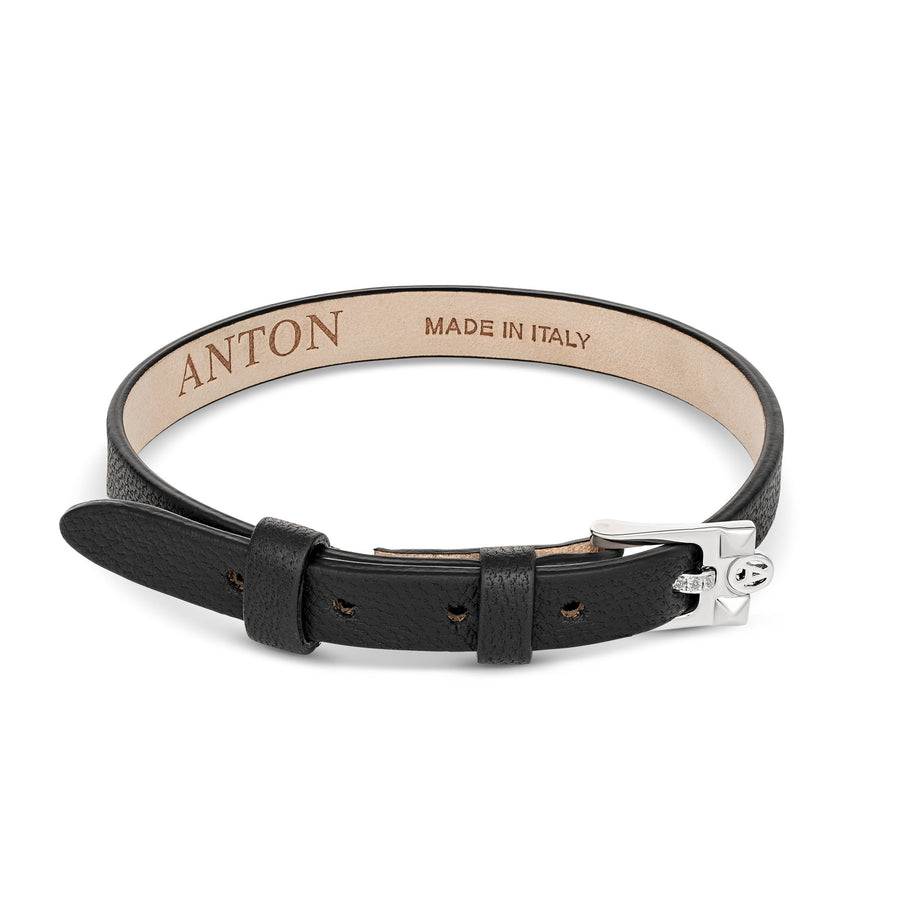 Leather Single Loop Bracelet with Diamond Buckle and Initials | White Gold