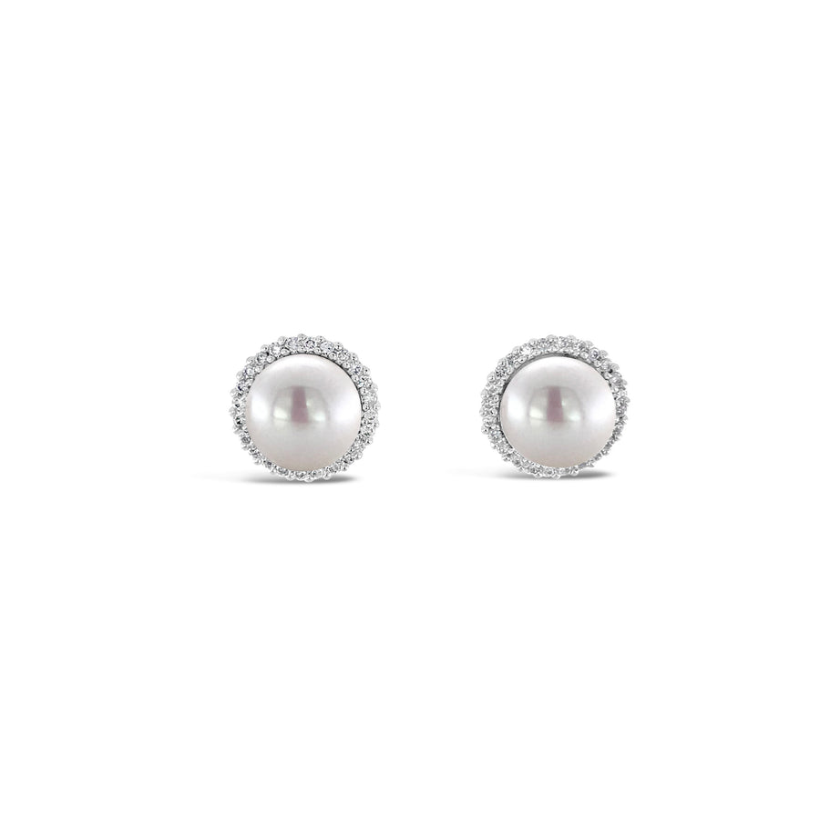 Cultured Pearl Studs with Diamond Halo | White Gold