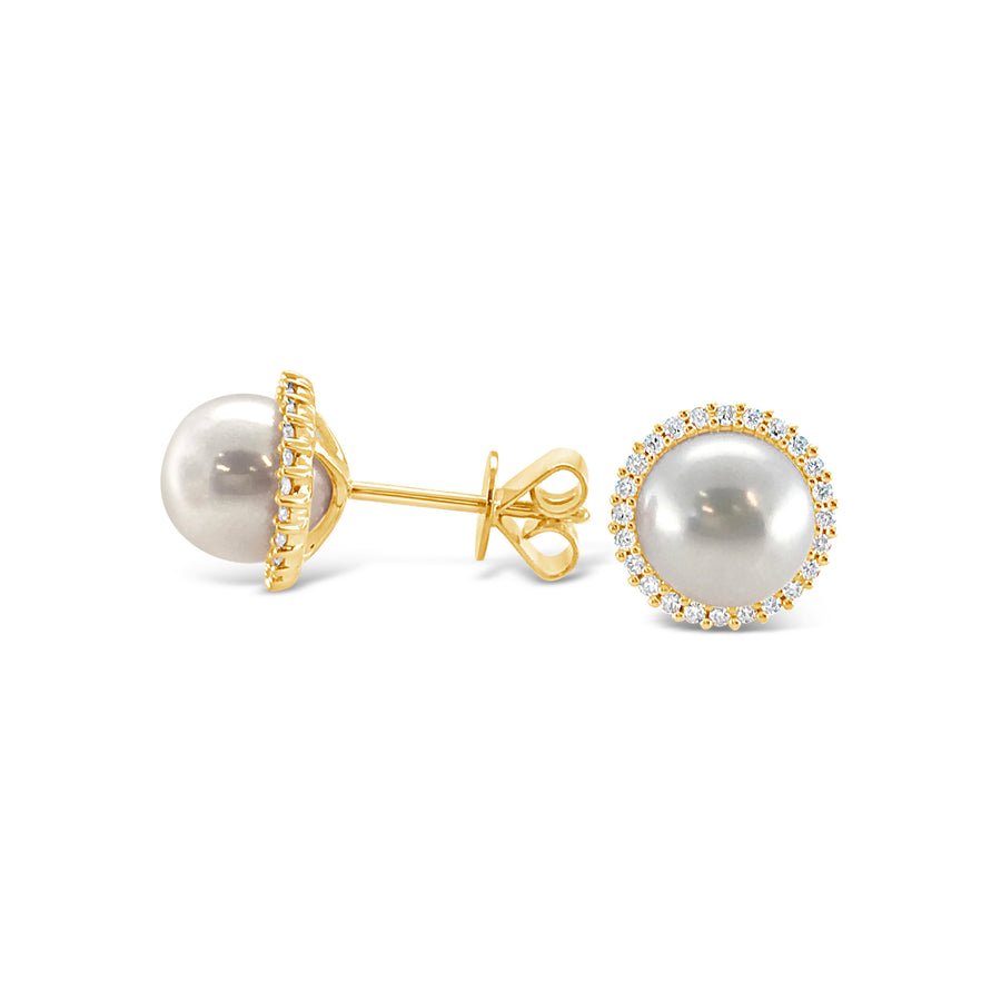 Cultured Pearl Studs with Diamond Halo | 18K Yellow Gold