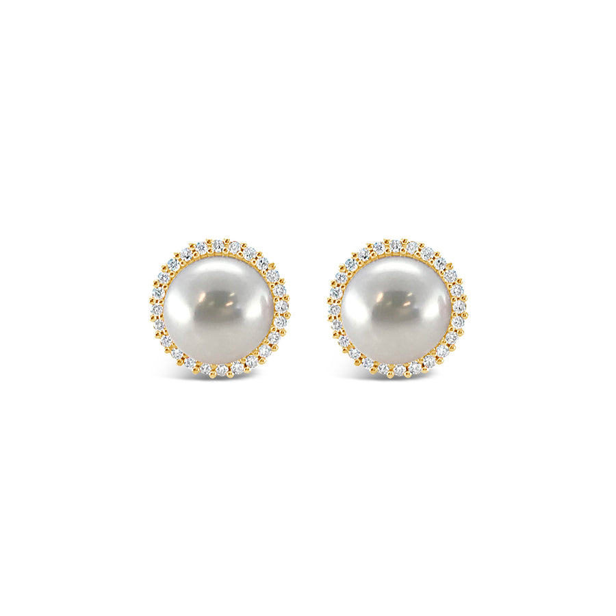 Cultured Pearl Studs with Diamond Halo | 18K Yellow Gold