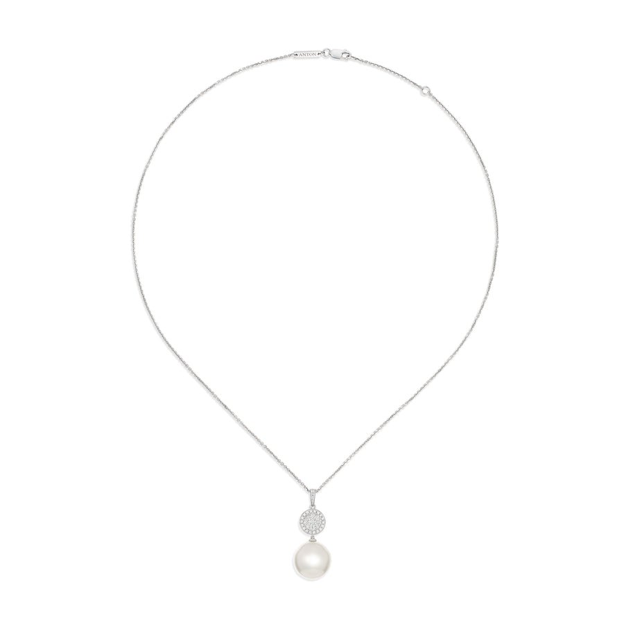 Promise Pearl Necklace with Round Diamond Halo Pendant | White Gold