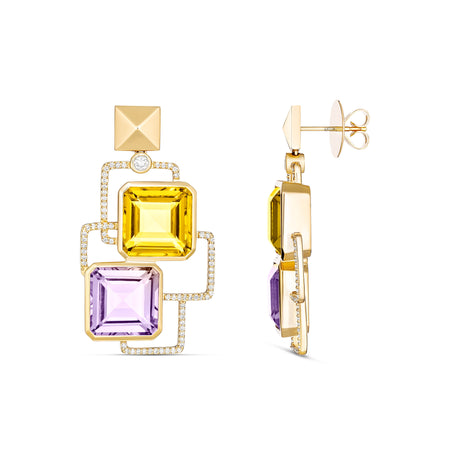 R.08® Geo Violet and Yellow Coloured Gemstone Earrings | 18K Yellow Gold