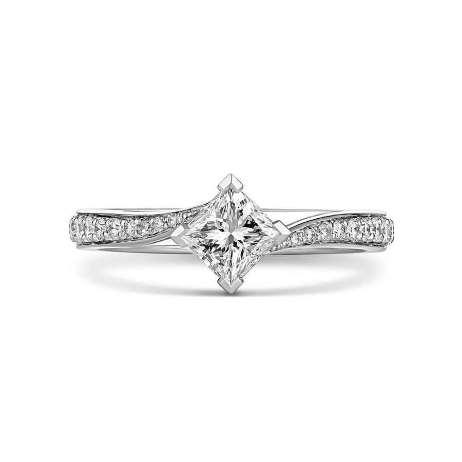 Classic Engagement Princess Cut Diamond Four Claw Sweep Shoulder Ring | White Gold