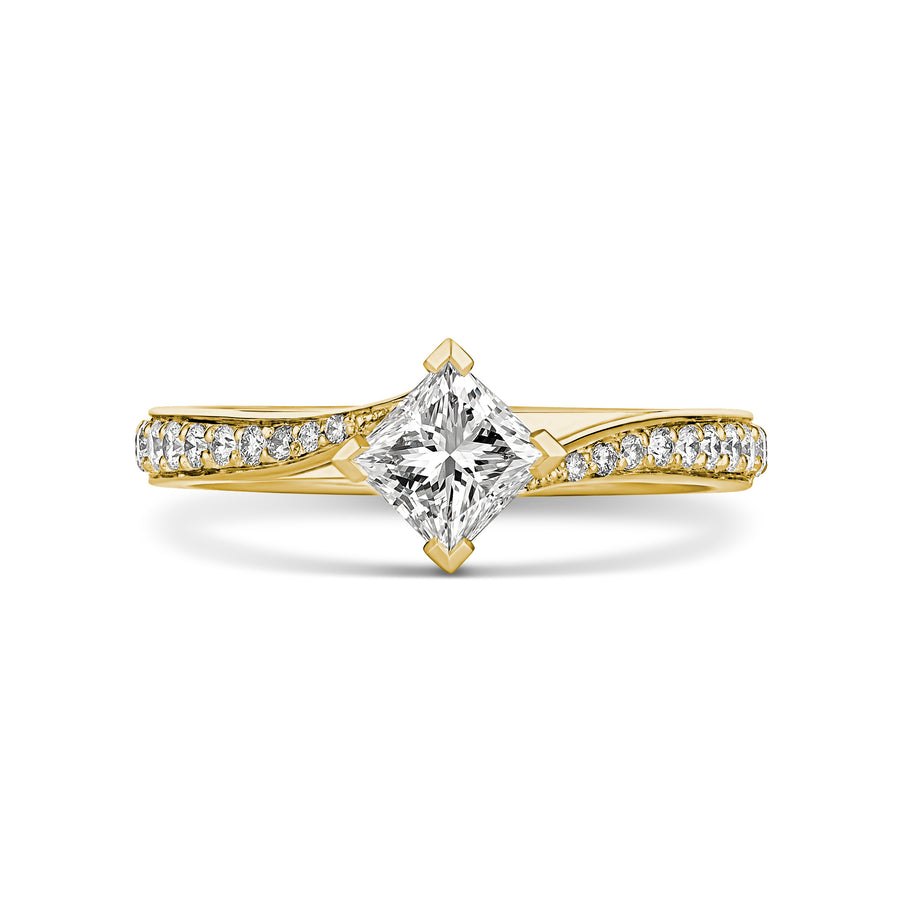 Classic Engagement Princess Cut Diamond Four Claw Sweep Shoulder Ring | Yellow Gold